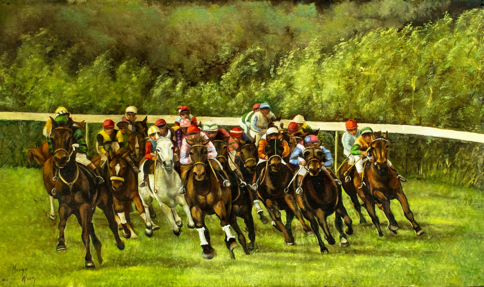 Marge Wing (US,mid 20C) oil painting: ARTIST: Marge Wing (American, mid 20 century) TITLE: Horse Racing MEDIUM: oil on board CONDITION: Few minor scratches. No visible inpaint under UV light. ART SIZE