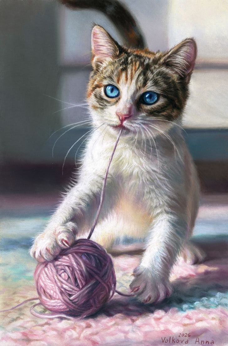 Anna Volkova (Ukraine,20/21C) pastel painting: ARTIST: Anna Volkova (Ukrainian, 20/21 centuries) TITLE: Cat MEDIUM: pastel on heavy paper CONDITION: Very good. ART SIZE: 12 x 8 inches / 30 x 20 cm