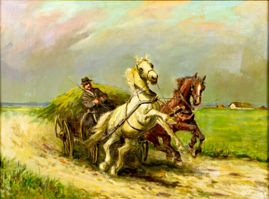 Vintage 20C European oil painting signed: ARTIST: - (Europe, 20 century) TITLE: Two Horses with Cart YEAR: 1980 MEDIUM: oil on canvas CONDITION: Few minor paint losses. No visible inpaint under U