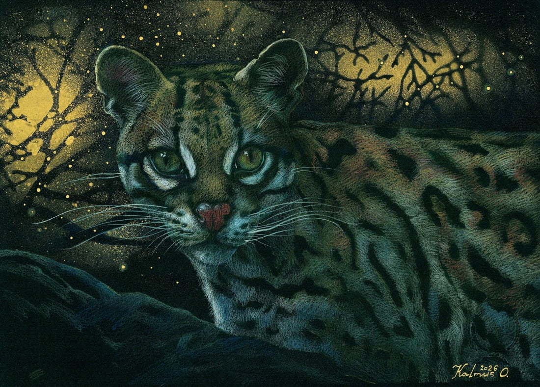 Olena Kalmus (Ukraine,b 1996) mixed media painting: ARTIST: Olena Kalmus (Ukrainian, born 1996) TITLE: Ocelot Cat MEDIUM: mixed media on heavy paper CONDITION: Very good. ART SIZE: 8 x 12 inches / 20 x 30