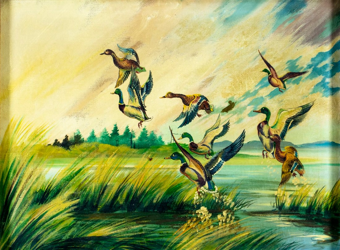 Vintage mid 20C oil painting signed: ARTIST: - (mid 20 century) TITLE: Flying Ducks MEDIUM: oil on canvas CONDITION: Few minor paint losses. Very minor craquelure. No visible inpaint under UV light. Wear to f
