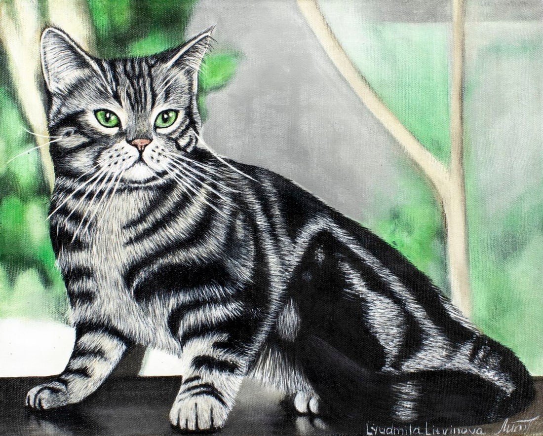 Lyudmila Litvinova (Russia,b 1991) acrylic painting: ARTIST: Lyudmila Litvinova (Russian, born 1991) TITLE: American Shorthair Cat (titled on verso) MEDIUM: acrylic on canvas CONDITION: Unstretched (In-House stretching availab