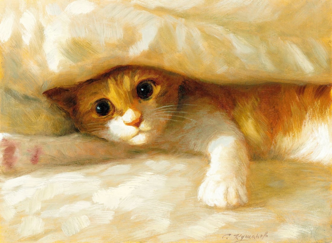 Sergey Kushanov (Ukraine,20/21C) oil painting: ARTIST: Sergey Kushanov (Ukrainian, 20/21 centuries) TITLE: Cat Under Blanket MEDIUM: oil on heavy paper CONDITION: Very good. No visible inpaint under UV light.