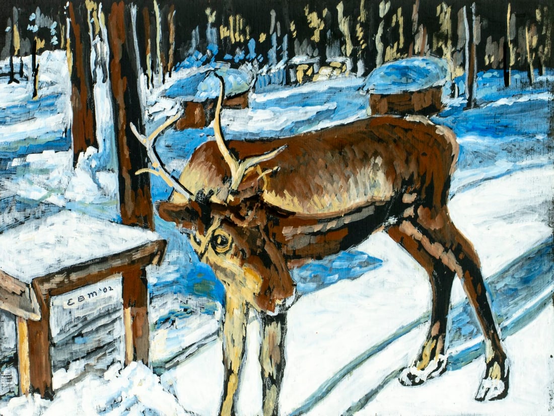 Evelyn Metzger (NY,Brazil,1911-2007) oil painting: ARTIST: Evelyn Borchard Metzger (New York, Brazilian, 1911 - 2007) TITLE: Deer in Winter Forest YEAR: 2002 MEDIUM: oil on board CONDITION: Some scratches