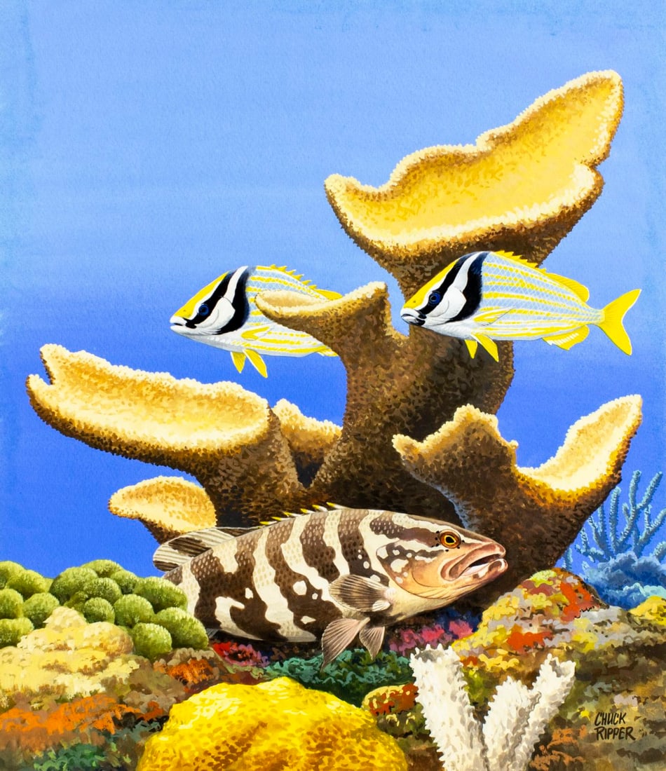 Chuck Ripper (WV,PA,1929-2019) gouache painting: ARTIST: Chuck Ripper (West Virginia, Pennsylvania, 1929 - 2019) TITLE: Wonders of the Sea (titled on verso) YEAR: 1994 MEDIUM: gouache on board CONDITION: