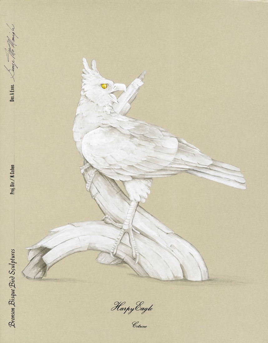 George McMonigle (PA,Hawaii,b 1951) gouache painting: ARTIST: George McMonigle (Pennsylvania, Hawaii, born 1951) TITLE: Harpy Eagle Bird MEDIUM: gouache on paper. Paper applied to board. CONDITION: Very good. ART SIZ