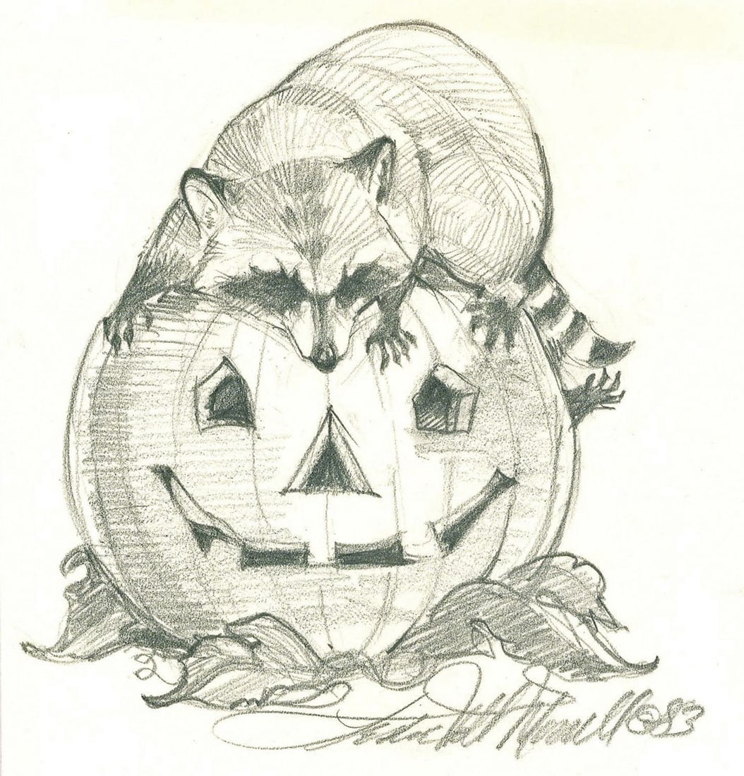 Deborah Bell Jarratt (PA,20/21C) graphite painting: ARTIST: Deborah Bell Jarratt (Pennsylvania, 20/21 centuries) TITLE: Raccoon and Halloween Pumpkin YEAR: 1983 MEDIUM: graphite on heavy paper CONDITION: M