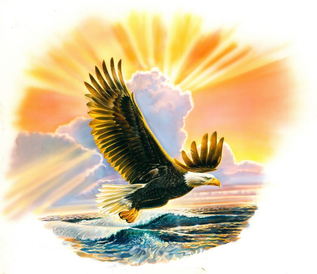 William Teodecki (MD,20C) gouache painting: ARTIST: William G Teodecki (Maryland, 20 century) TITLE: Flying Eagle Bird YEAR: 1980s MEDIUM: gouache on board CONDITION: Minor paint losses. Some foxin