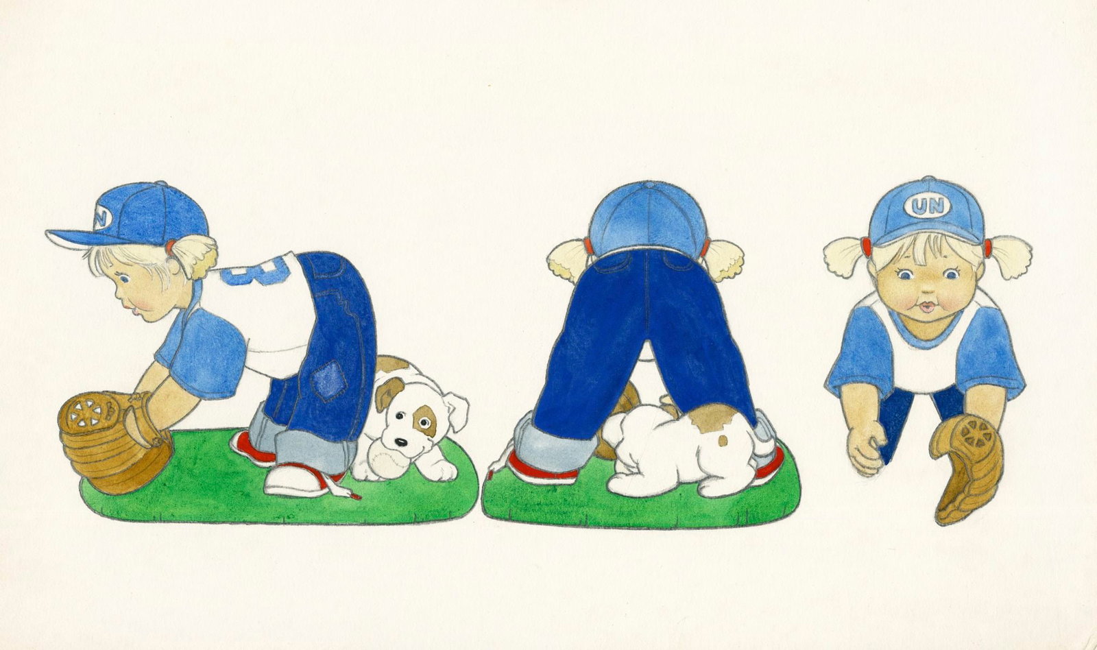 Carol Lawson (UK,20/21C) gouache painting: ARTIST: Carol Lawson (United Kingdom, 20/21 centuries) TITLE: UN Children - USA YEAR: 1981 MEDIUM: gouache on board CONDITION: One pinhole by the upper e