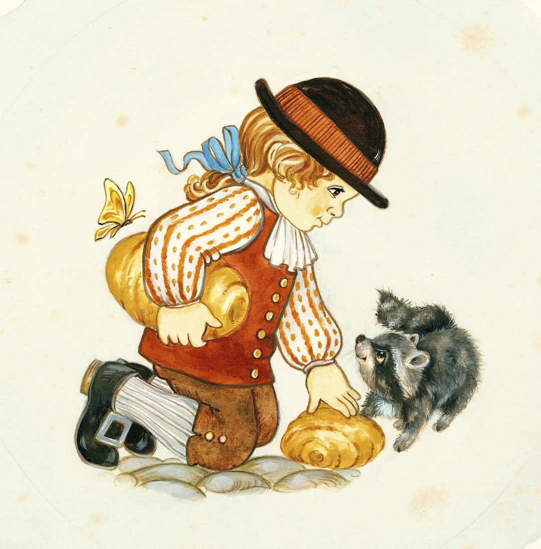 Deborah Bell Jarratt (PA,20/21C) gouache painting: ARTIST: Deborah Bell Jarratt (Pennsylvania, 20/21 centuries) TITLE: Child and Raccoon YEAR: 1982 MEDIUM: gouache on board CONDITION: Some foxing. Minor a