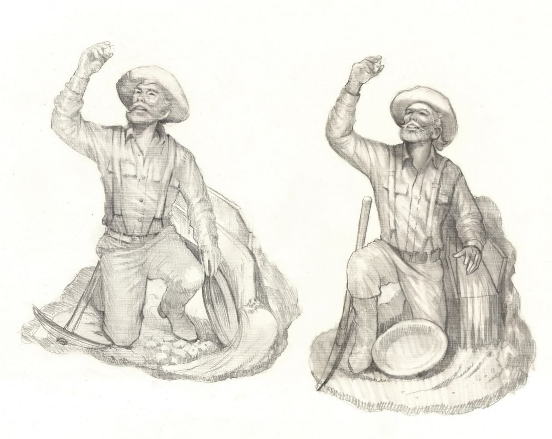 DePersico (PA,20C) graphite painting: ARTIST: DePersico (Pennsylvania, 20 century) TITLE: Gold Miner Sculpture MEDIUM: graphite on board CONDITION: Overall good. ART SIZE: 11 x 15 inches / 27