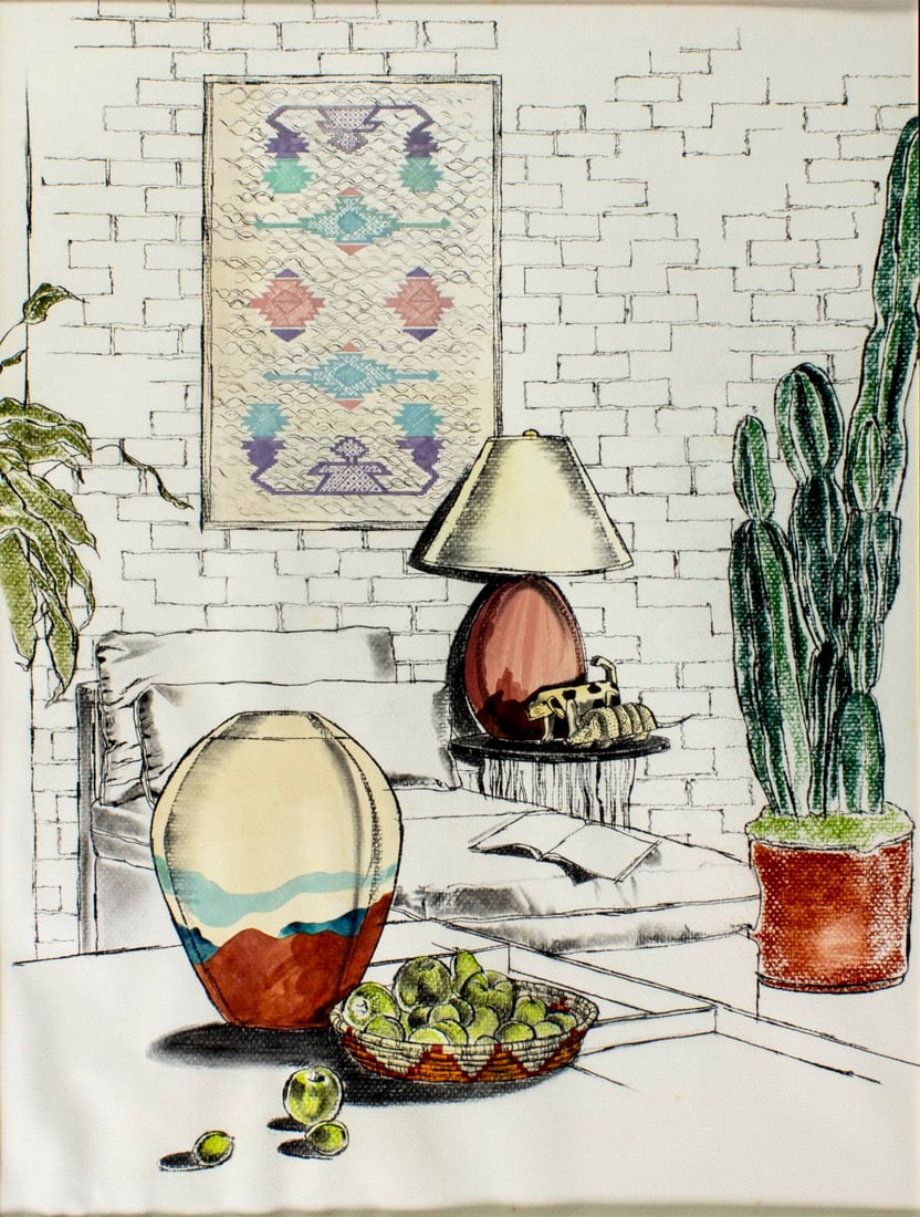 Joan Smith Pilallis (PA,1947-2022) pastel painting: ARTIST: Joan Smith Pilallis (Pennsylvania, 1947 - 2022) TITLE: Interior Scene YEAR: 1986 MEDIUM: pastel on paper. Paper applied to board. CONDITION: Mi