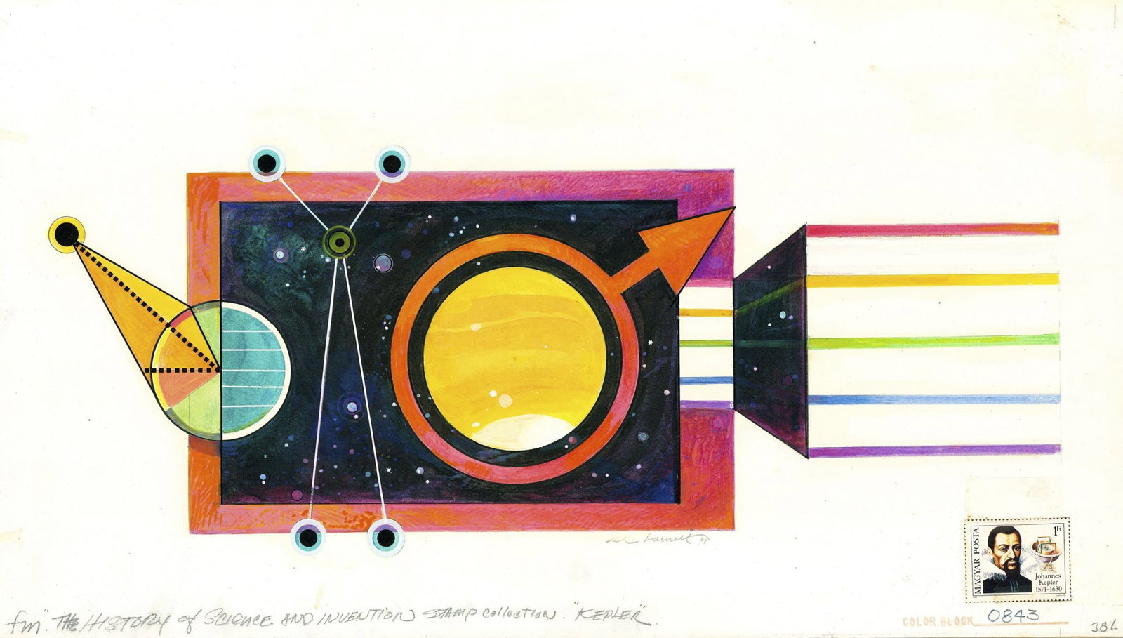 Vintage 20C American mixed media painting: ARTIST: - (American, 20 century) TITLE: History of Science and Invention - Kepler YEAR: 1984 MEDIUM: mixed media on board CONDITION: Minor foxing. Mino