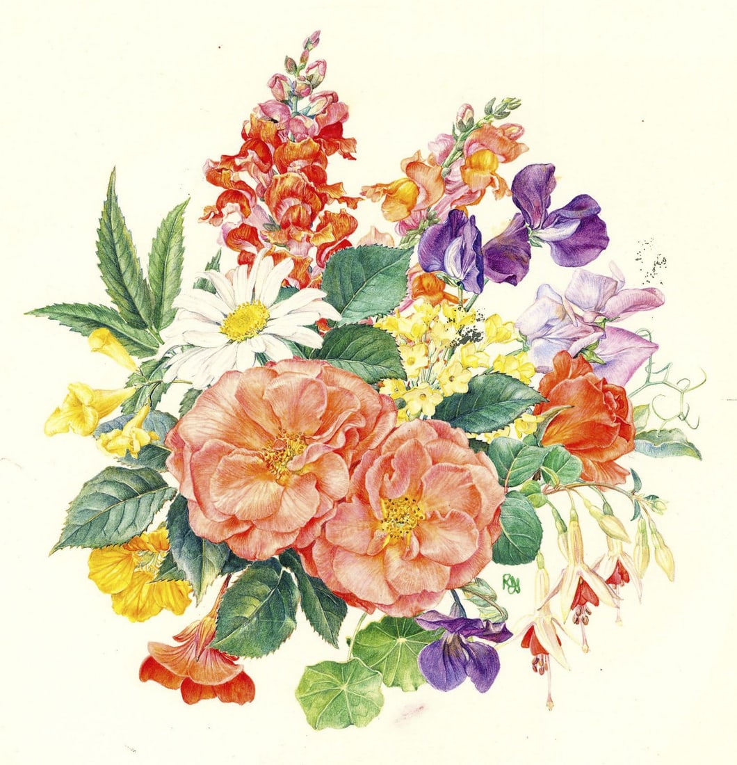 Rosanne Sanders (UK,20/21C) watercolor painting: ARTIST: Rosanne Sanders (United Kingdom, 20/21 centuries) TITLE: Flower Plate YEAR: 1980s MEDIUM: watercolor on heavy paper CONDITION: Minor foxing (just
