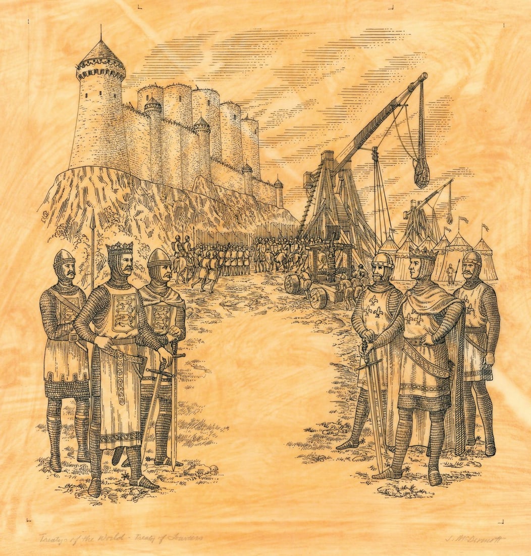 ATTR Jim McDermott (MA,CA,1960-2015) ink painting: ARTIST: ATTRIBUTED TO James P McDermott (Massachusetts, California, 1960 - 2015) TITLE: Historic Seals - Treaty of Louviers YEAR: 1983 MEDIUM: ink on paper. Paper applied