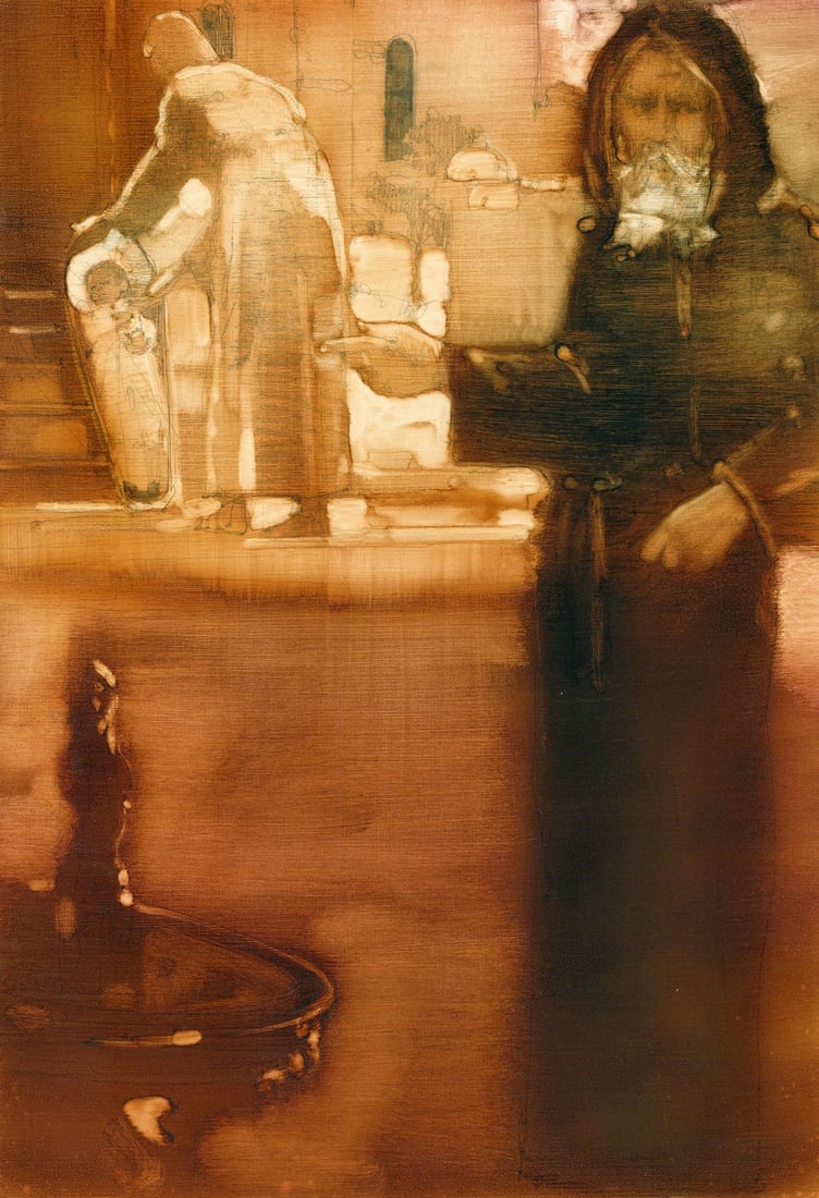 Walt Spitzmiller (MO,1944-2020) oil painting: ARTIST: Walter Spitzmiller (Missouri, 1944 - 2020) TITLE: Illustration - The Brothers Karamazov YEAR: 1977 MEDIUM: oil on board CONDITION: Few minor pain