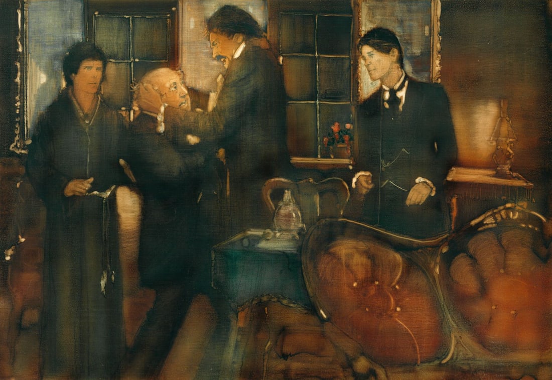 Walt Spitzmiller (MO,1944-2020) oil painting: ARTIST: Walter Spitzmiller (Missouri, 1944 - 2020) TITLE: Illustration - The Brothers Karamazov YEAR: 1977 MEDIUM: oil on board CONDITION: Few small scra