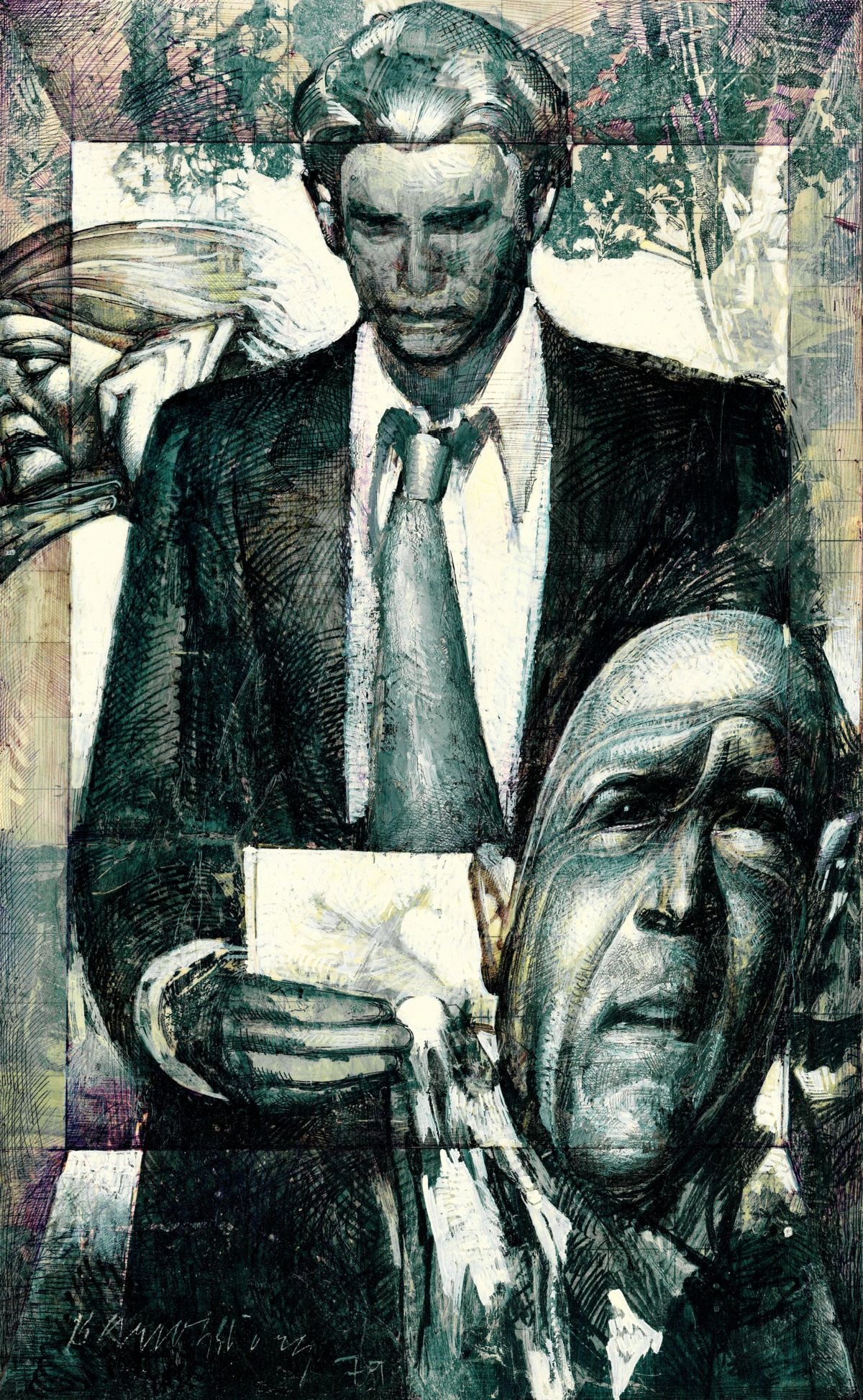 Barron Storey (CA,TX,b1940) oil painting: ARTIST: Ross Barron Storey (California, Texas, born 1940) TITLE: Illustration - All My Sons YEAR: 1979 MEDIUM: oil on board CONDITION: Few minor scratche