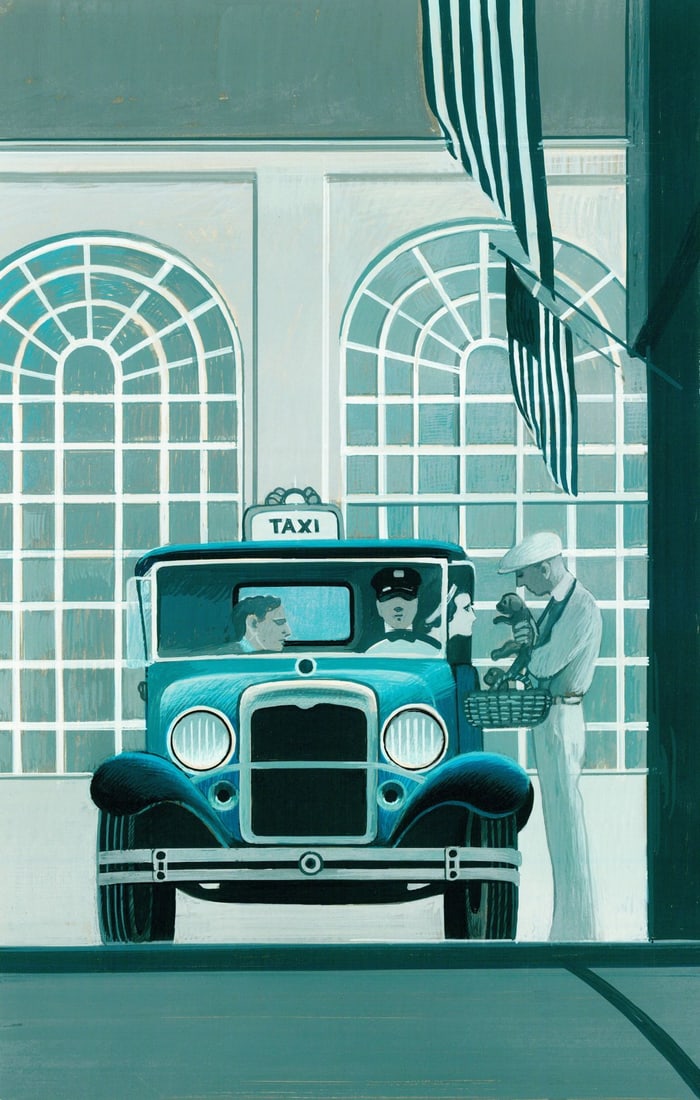 Chuck Wilkinson (US,1932-2010) gouache painting: ARTIST: Chuck Wilkinson (American, 1932 - 2010) TITLE: Illustration - The Great Gatsby (titled on verso) YEAR: 1980 MEDIUM: gouache on board CONDITION: M
