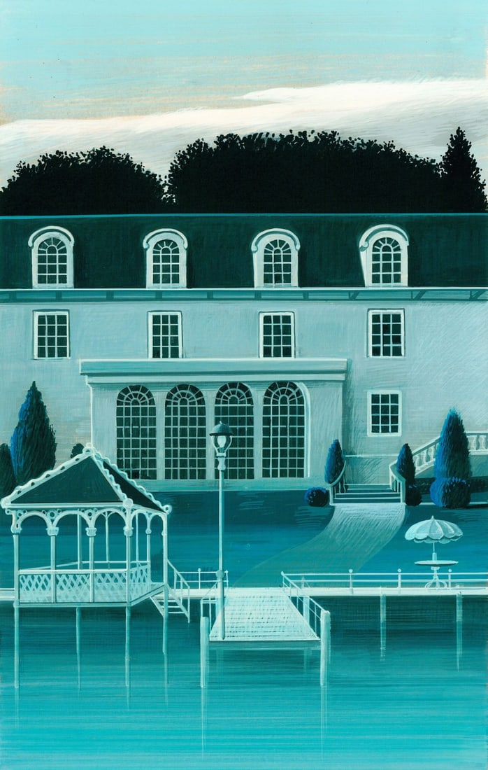 Chuck Wilkinson (US,1932-2010) gouache painting: ARTIST: Chuck Wilkinson (American, 1932 - 2010) TITLE: Illustration - The Great Gatsby YEAR: 1980 MEDIUM: gouache on board CONDITION: Minor foxing (just