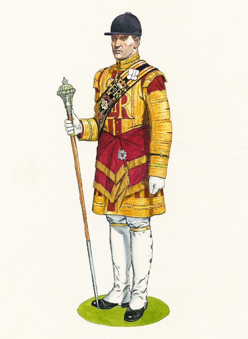 Gerry Embleton (UK,1941-?) watercolor painting: ARTIST: Gerry A Embleton (United Kingdom, 1941 - ???) TITLE: Soldier - The Coldstream Guards, Drum Major (titled on verso) MEDIUM: watercolor on board CONDITION: Minor dam