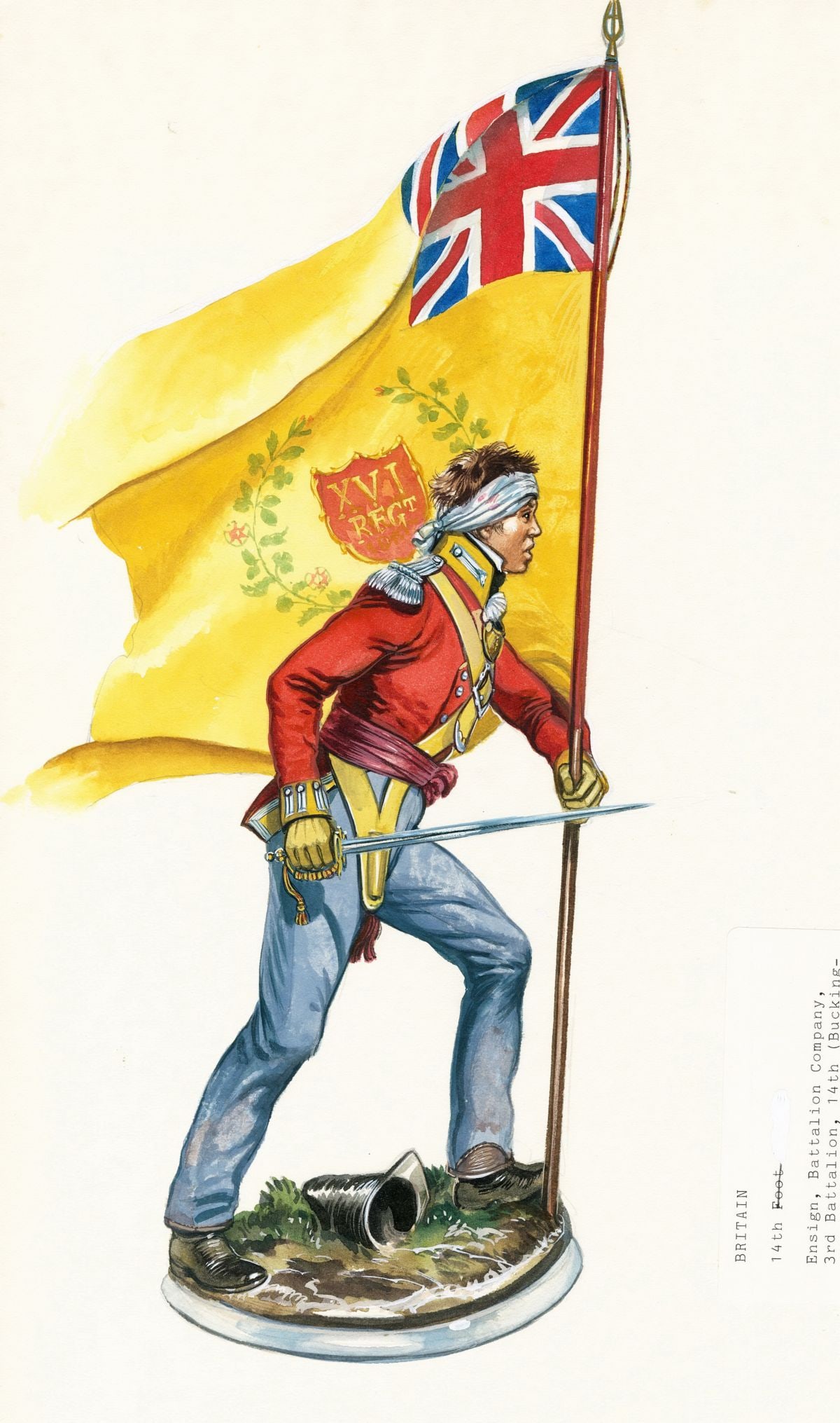 Gerry Embleton (UK,1941-?) gouache painting: ARTIST: Gerry A Embleton (United Kingdom, 1941 - ???) TITLE: Soldier - Battalion Company, 3rd Battalion, UK MEDIUM: gouache on board CONDITION: Some small damages to corne