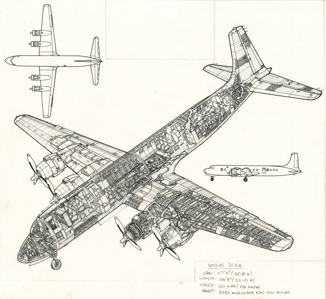 John Batchelor (UK,1936-2019) ink painting: ARTIST: John Henry Batchelor (United Kingdom, 1936 - 2019) TITLE: Douglas DC6B Plane YEAR: 1989 MEDIUM: ink on paper. Paper applied to board. CONDITION: