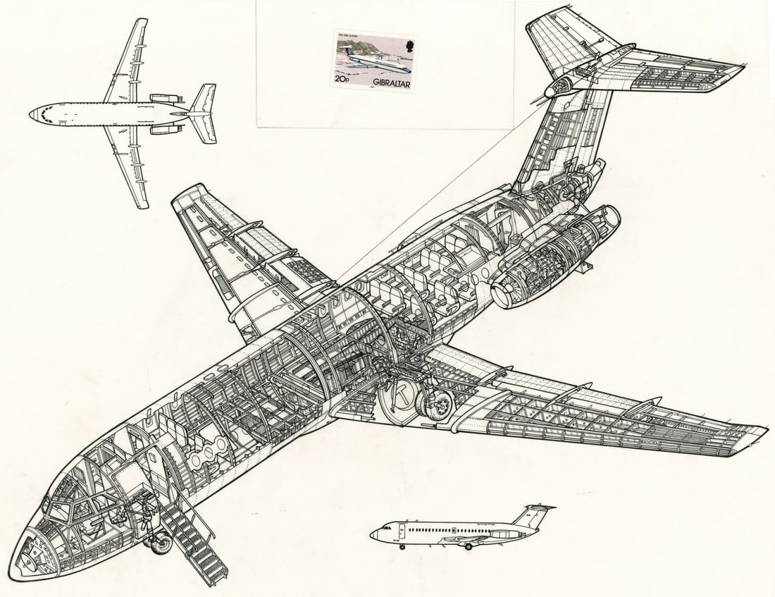 John Batchelor (UK,1936-2019) ink painting: ARTIST: John Henry Batchelor (United Kingdom, 1936 - 2019) TITLE: BAC III Plane YEAR: 1989 MEDIUM: ink on paper. Paper applied to board. CONDITION: Som