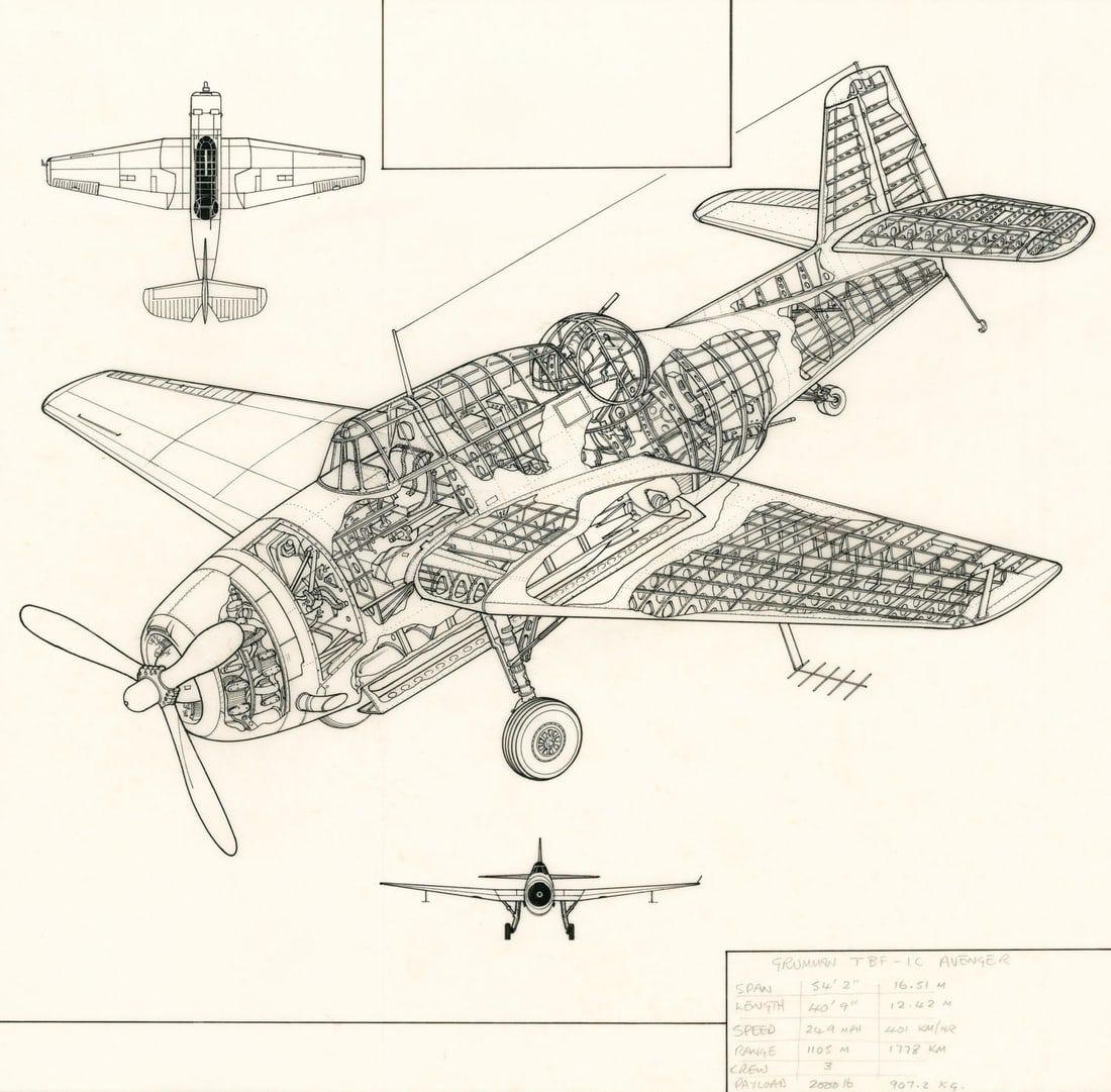 John Batchelor (UK,1936-2019) ink painting: ARTIST: John Henry Batchelor (United Kingdom, 1936 - 2019) TITLE: Plane - Gruman TBF-IC Avenger (titled on verso) YEAR: 1986 MEDIUM: ink on paper. Paper applied to board.<