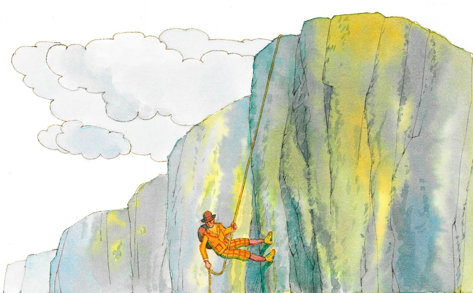 Alex Bloch (US,20C) watercolor painting: ARTIST: Alex Bloch (American, 20 century) TITLE: Illustration - Rock Climbing Scene MEDIUM: watercolor on heavy paper CONDITION: Minor damage to the upper left corner. Minor