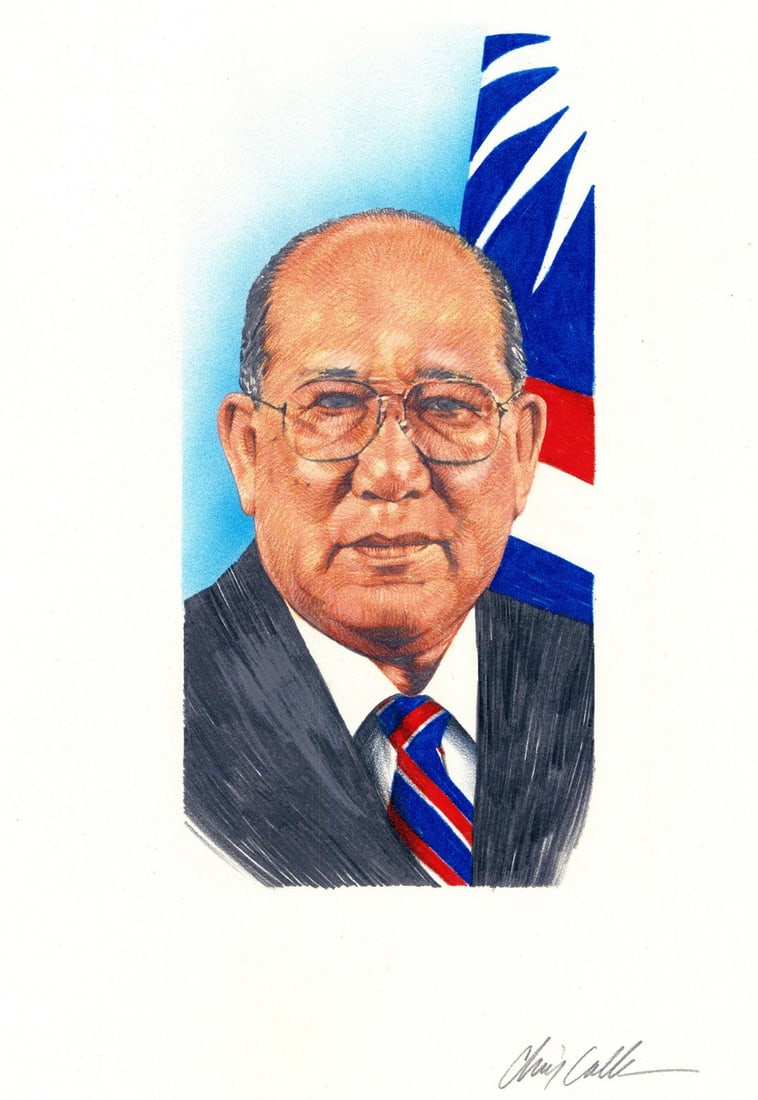 Chris Calle (CT,born 1961) colored pencil painting: ARTIST: Chris Calle (Connecticut, born 1961) TITLE: In Memory of President Amata Kabua - Champion of Independence (titled on verso) YEAR: 1997 MEDIUM: colored pencil on boa