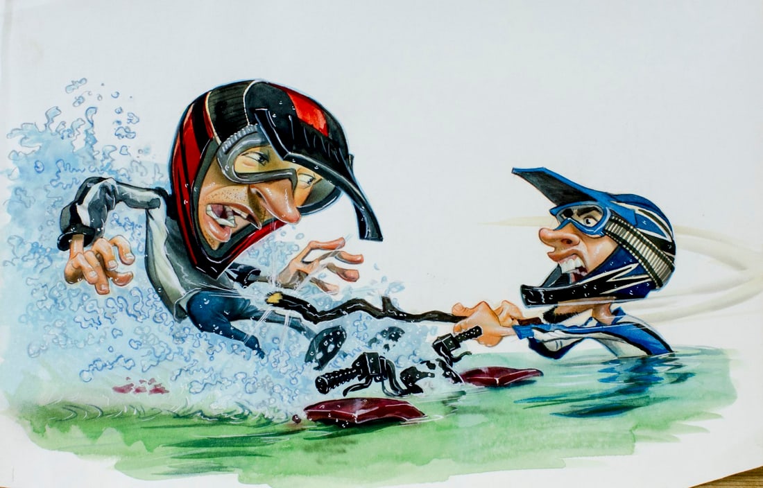 Gary Locke (MO,b 1963) gouache painting: ARTIST: Gary Locke (Missouri, born 1963) TITLE: Illustration - Fight YEAR: 1998 MEDIUM: gouache and watercolor on paper CONDITION: Some small crumpling t