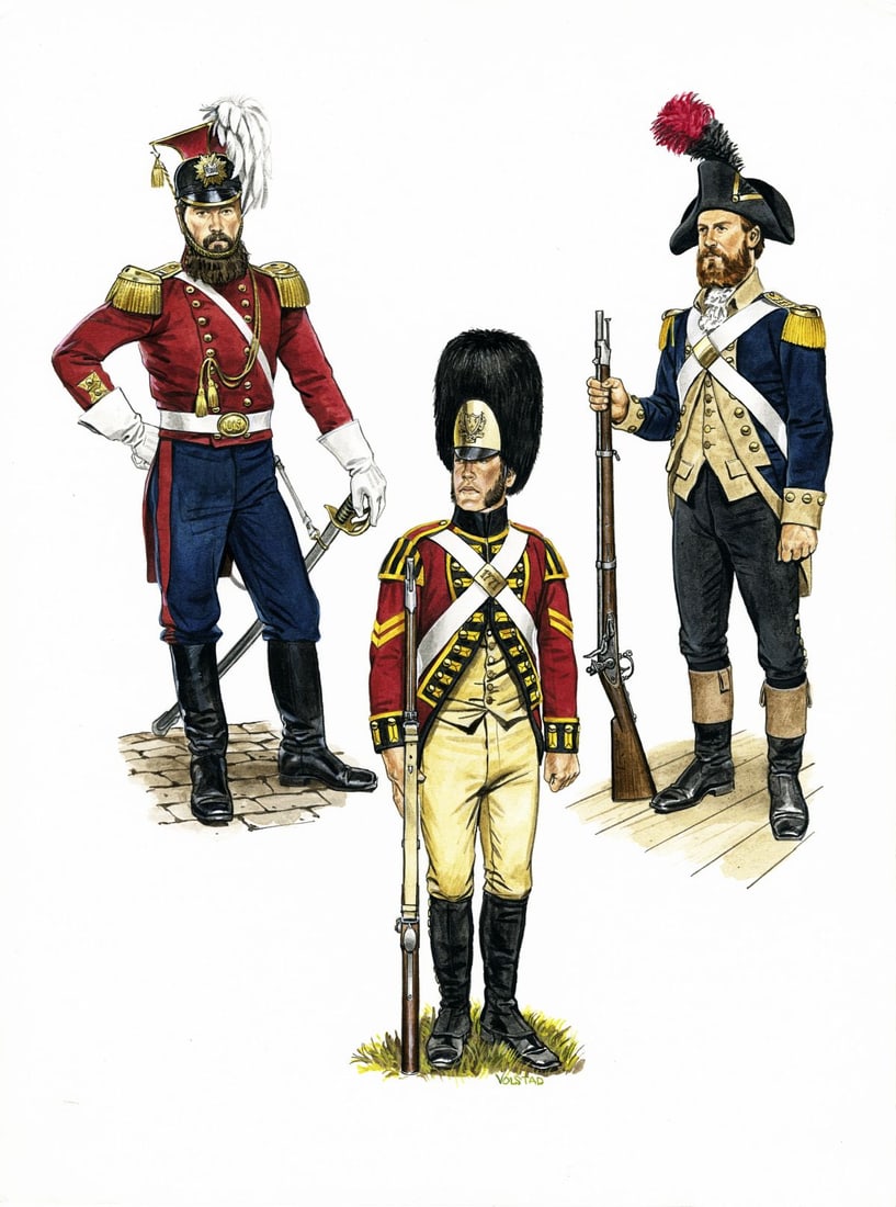 Ronald Volstad (Canada,b 1949) watercolor painting: ARTIST: Ronald Volstad (Canadian, born 1949) TITLE: British and American Infantry Soldiers YEAR: 1989 MEDIUM: watercolor on board CONDITION: Minor damage