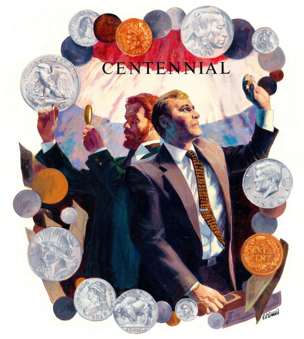 Shannon Stirnweis (AZ,NY,NH,OR,1931-2019) oil painting: ARTIST: Shannon Stirnweis (Arizona, New York, New Hampshire, Oregon, 1931 - 2019) TITLE: 100th Anniversary of American Numismatic Association (titled on verso) YEAR: 1991 MEDIUM: