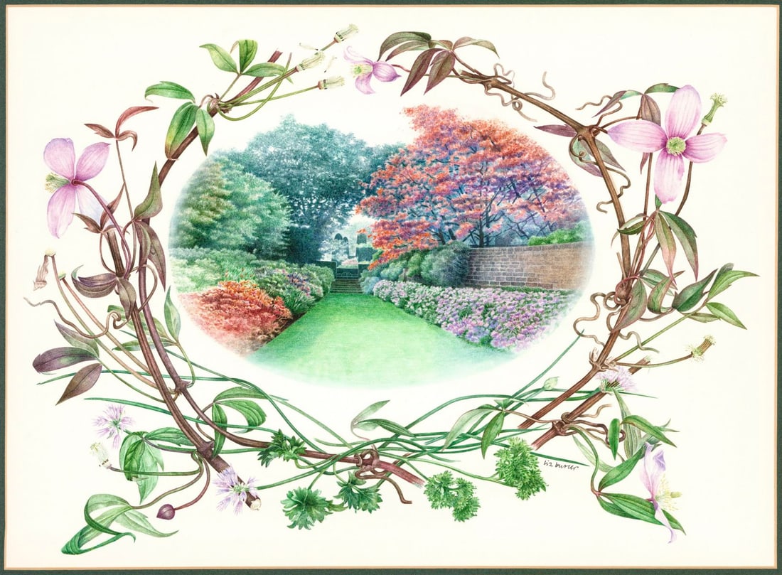 Liz Butler (UK,b 1948) watercolor painting: ARTIST: Liz Butler (United Kingdom, born 1948) TITLE: 20th Century Garden - Sissinghurst, UK (titled on verso) YEAR: 1983 MEDIUM: watercolor on heavy paper CONDIT