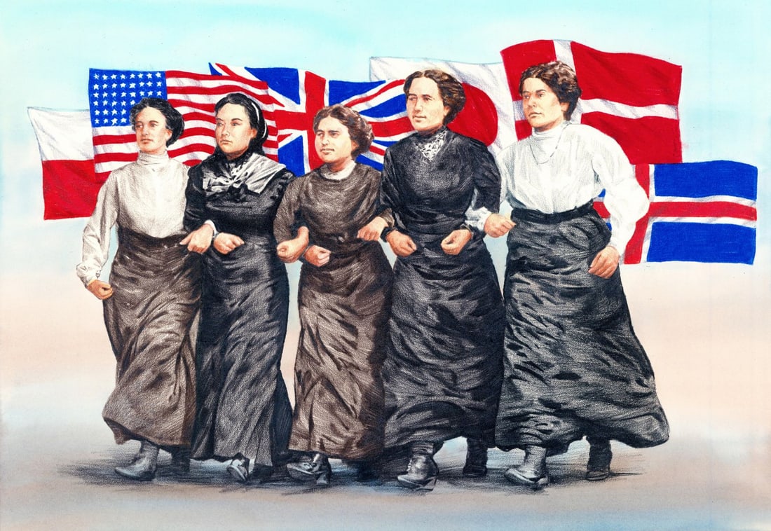 Paul Calle (CT,NY,1928-2010) colored pencil painting: ARTIST: Paul Calle (Connecticut, New York, 1928 - 2010) & Chris Calle (Connecticut, born 1961) TITLE: 1910s - Women Mobilize for Equal Riights (titled on verso) YEAR: 1997 MEDIUM: