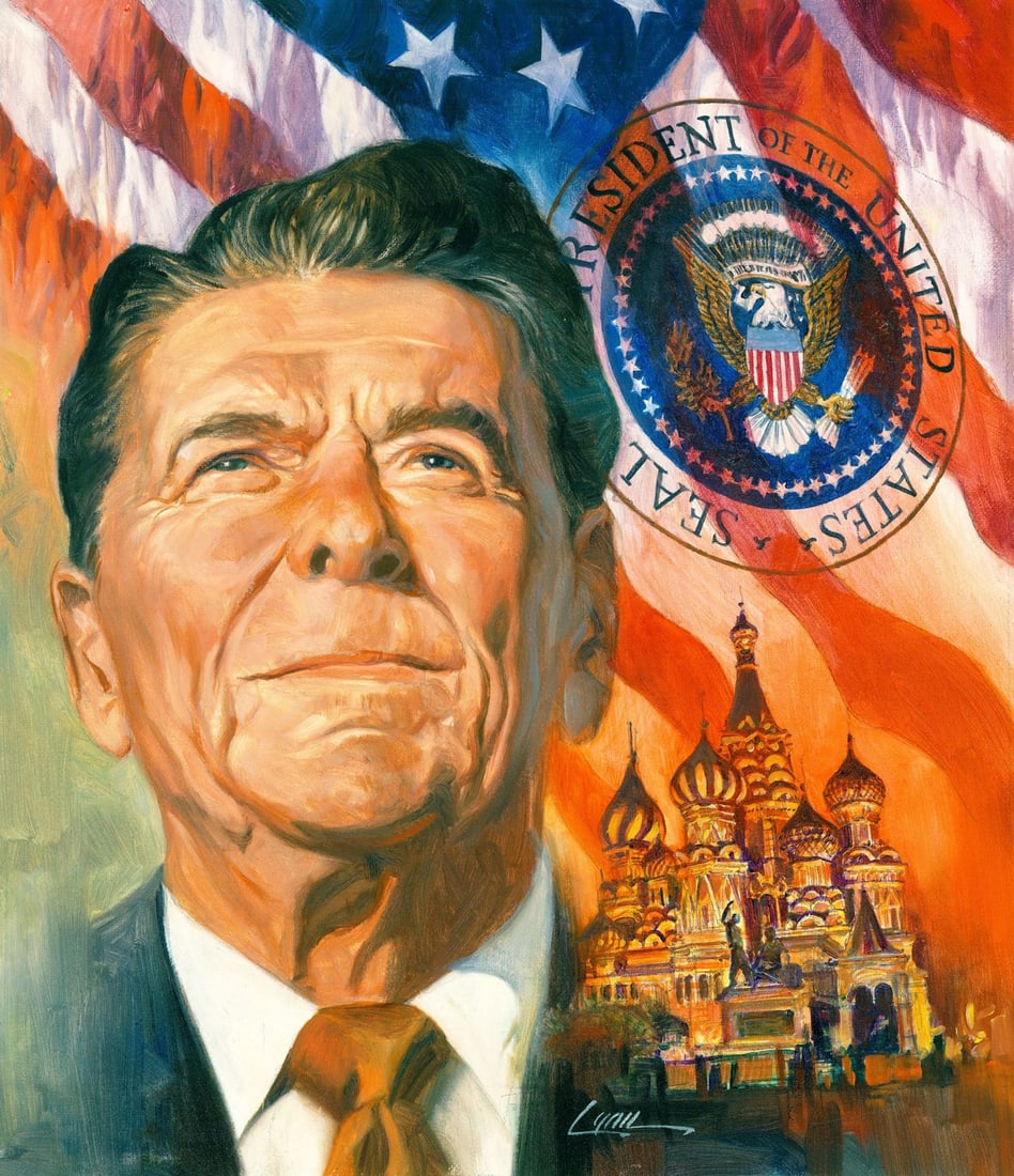 Dennis Lyall (TX,CT,born 1946) oil painting: ARTIST: Dennis Lyall (Texas, Connecticut, born 1946) TITLE: Portrait of 40th US President Ronald Wilson Reagan MEDIUM: oil on canvas. Canvas applied to board. CONDITION: Ver