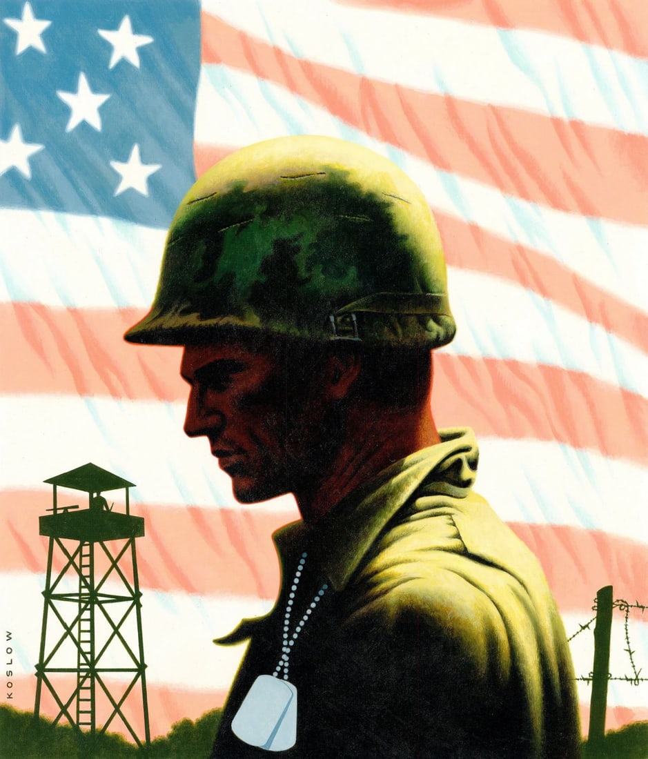 Howard Koslow (NJ,NY,1924-2016) oil painting: ARTIST: Howard Bertram Koslow (New Jersey, New York, 1924 - 2016) TITLE: POW and MIA (titled on verso) YEAR: 1995 MEDIUM: oil on board CONDITION: Very