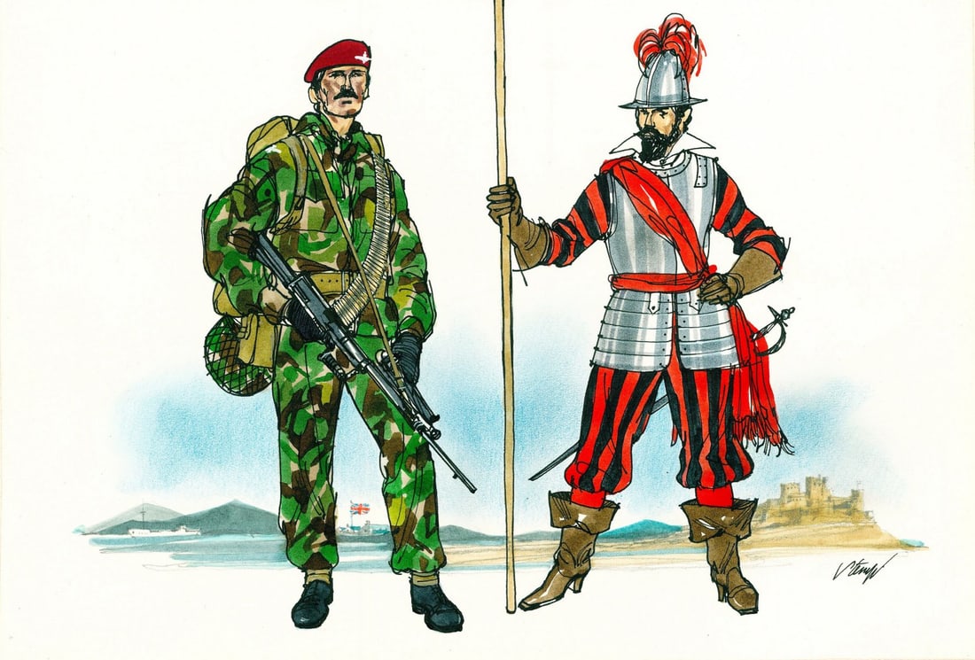 Eric Stemp (UK,1924-?) watercolor painting: ARTIST: Eric Stemp (United Kingdom, 1924 - ???) TITLE: Soldiers - Royal Scots Pikeman and Paratrooper (titled on verso) YEAR: 1983 MEDIUM: watercolor on paper. Paper applied