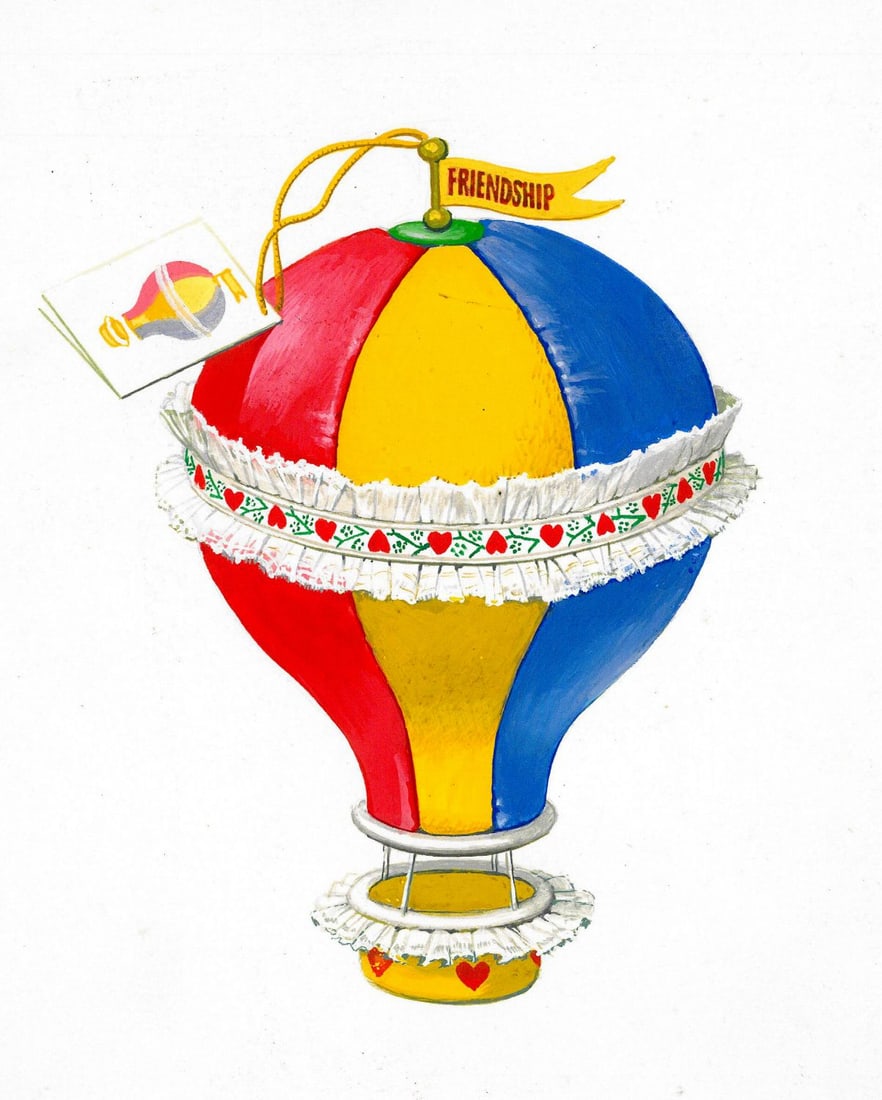 Alex Bloch (US,20C) gouache painting: ARTIST: Alex Bloch (American, 20 century) TITLE: Friendship Air Balloon MEDIUM: gouache on heavy paper CONDITION: Few minor scratches/paint losses. ART SIZE: