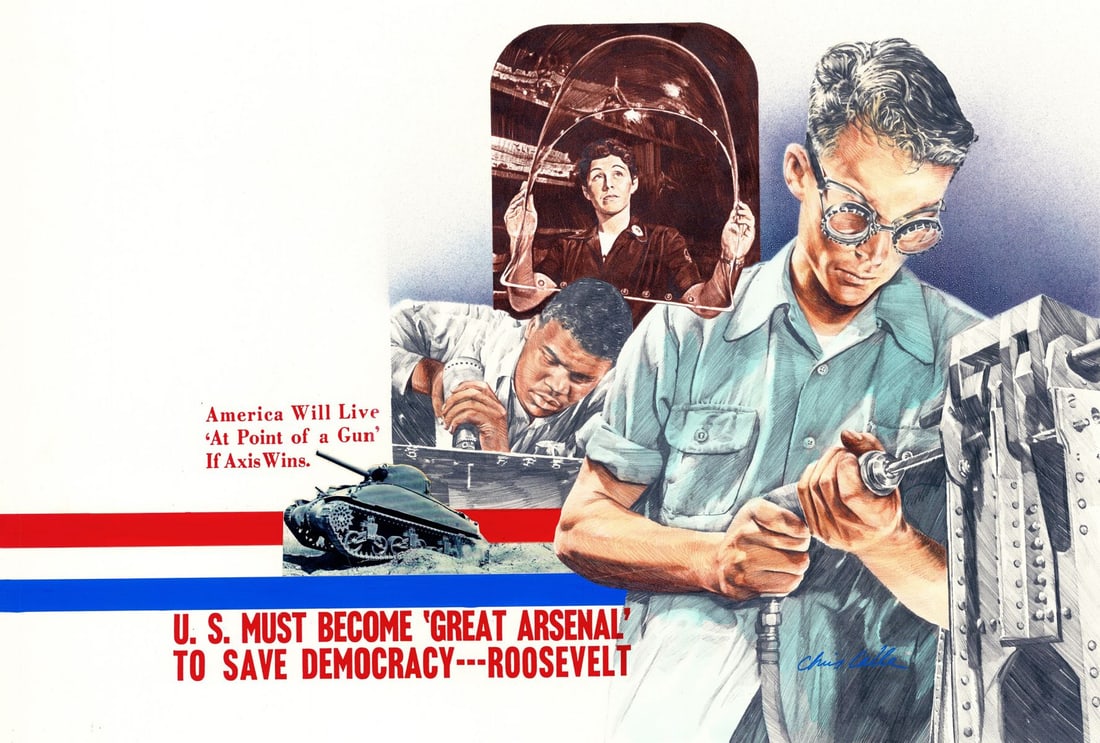 Chris Calle (CT,born 1961) colored pencil painting: ARTIST: Chris Calle (Connecticut, born 1961) TITLE: WWII - American Becomes Arsenal of Democracy (titled on verso) YEAR: 1991 MEDIUM: colored pencil on board COND
