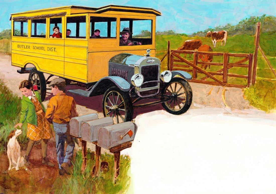 Dick Simms (US,1932-?) oil painting: ARTIST: Dick Simms (American, 1932 - ???) TITLE: School Bus (titled on verso) YEAR: 1985 MEDIUM: oil on board CONDITION: Very good. No visible inpaint