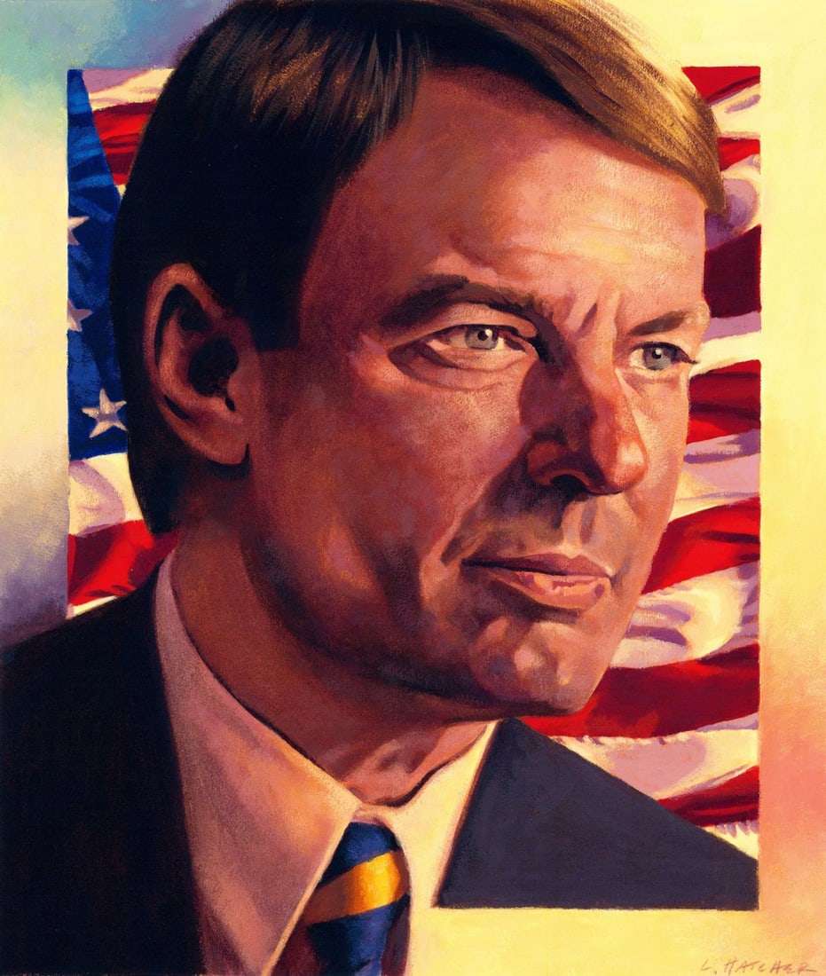 Lois Hatcher (US,1946-?) oil painting: ARTIST: Lois Hatcher (American, 1946 - ???) TITLE: Portrait of John Edwards (titled on verso) YEAR: 2004 MEDIUM: oil on board CONDITION: Very good. No vi