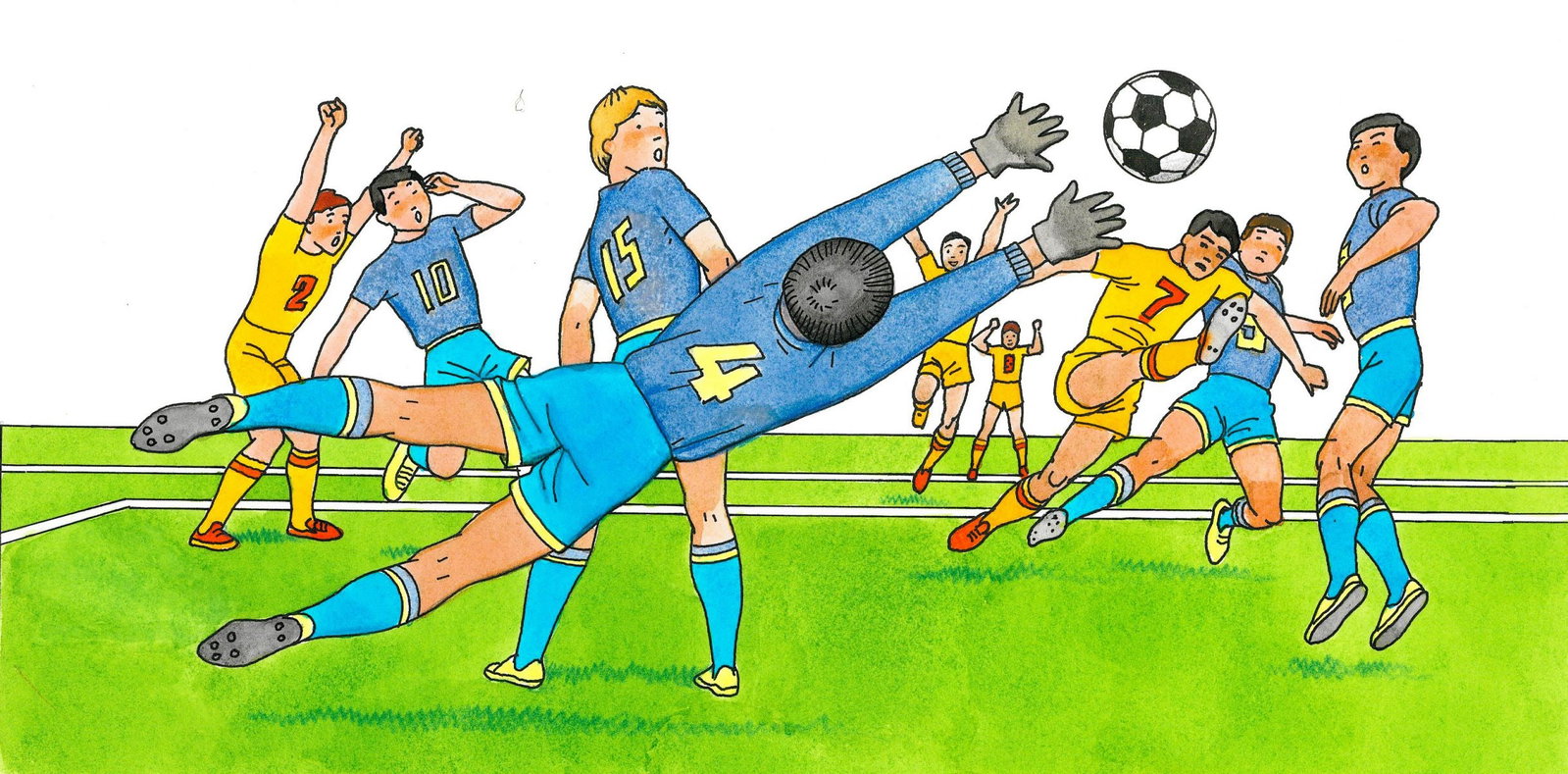 Alex Bloch (US,20C) watercolor painting: ARTIST: Alex Bloch (American, 20 century) TITLE: Soccer Scene MEDIUM: watercolor on heavy paper CONDITION: Overall good. ART SIZE: 4 x 9 inches / 10 x 23