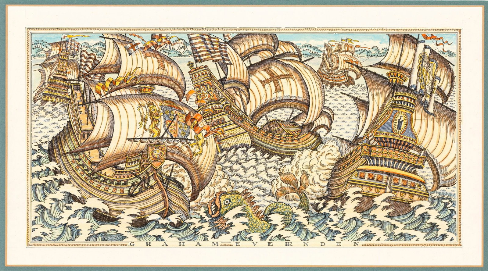 Graham Evernden (UK,1947-?) watercolor painting: ARTIST: Graham Evernden (United Kingdom, 1947 - ???) TITLE: Spanish Armada (titled on verso) YEAR: 1988 MEDIUM: watercolor on board CONDITION: Minor fo