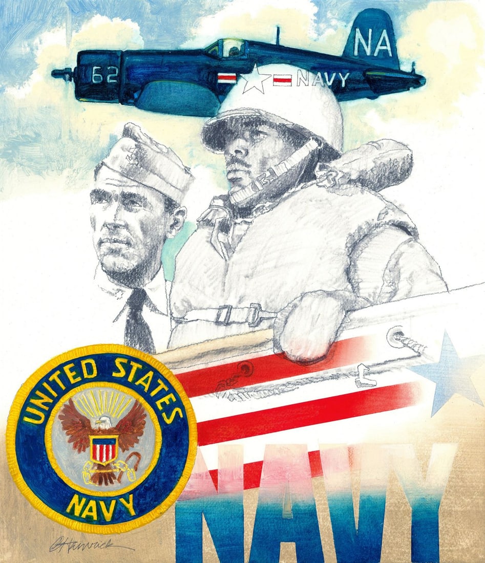 Chuck Hamrick (TN,20C) oil painting: ARTIST: Chuck Hamrick (Tennessee, 20 century) TITLE: United States Navy YEAR: 2003 MEDIUM: oil on board CONDITION: Very good. No visible inpaint under UV
