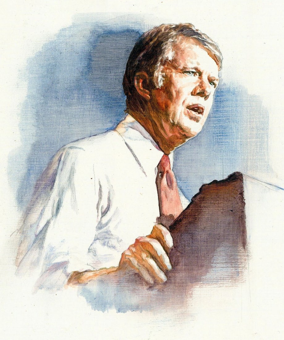 Joseph Cellini (US,Hungary,1924-1988) oil painting: ARTIST: Joseph Cellini (American, Hungarian, 1924 - 1988) TITLE: 39th President of US - Jimmy Carter MEDIUM: oil on board CONDITION: Minor damages to corners. Few minor scra
