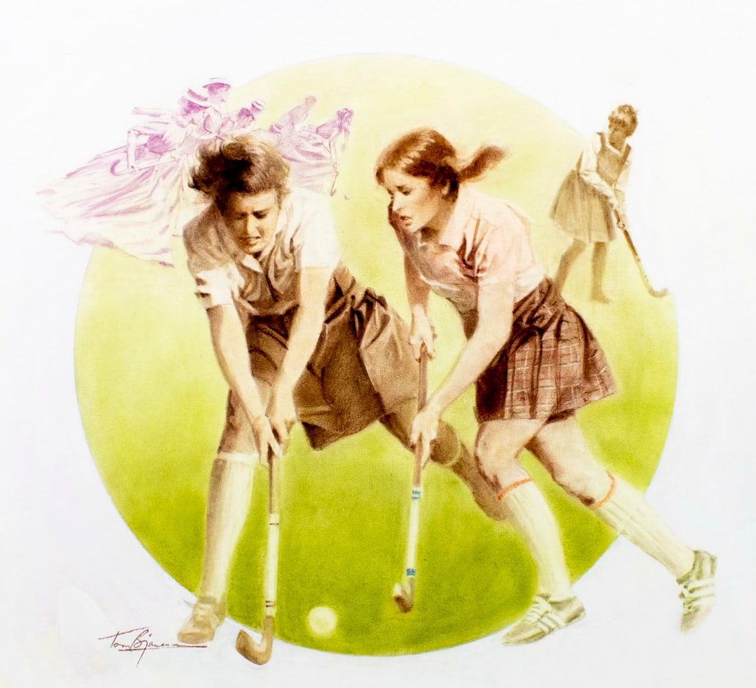 Tom Bjarnason (Canada,1925-2009) pastel painting: ARTIST: Tom Bjarnason (Canadian, 1925 - 2009) TITLE: Illustration - Field Hockey YEAR: 1979 MEDIUM: pastel on board CONDITION: Overall good. A