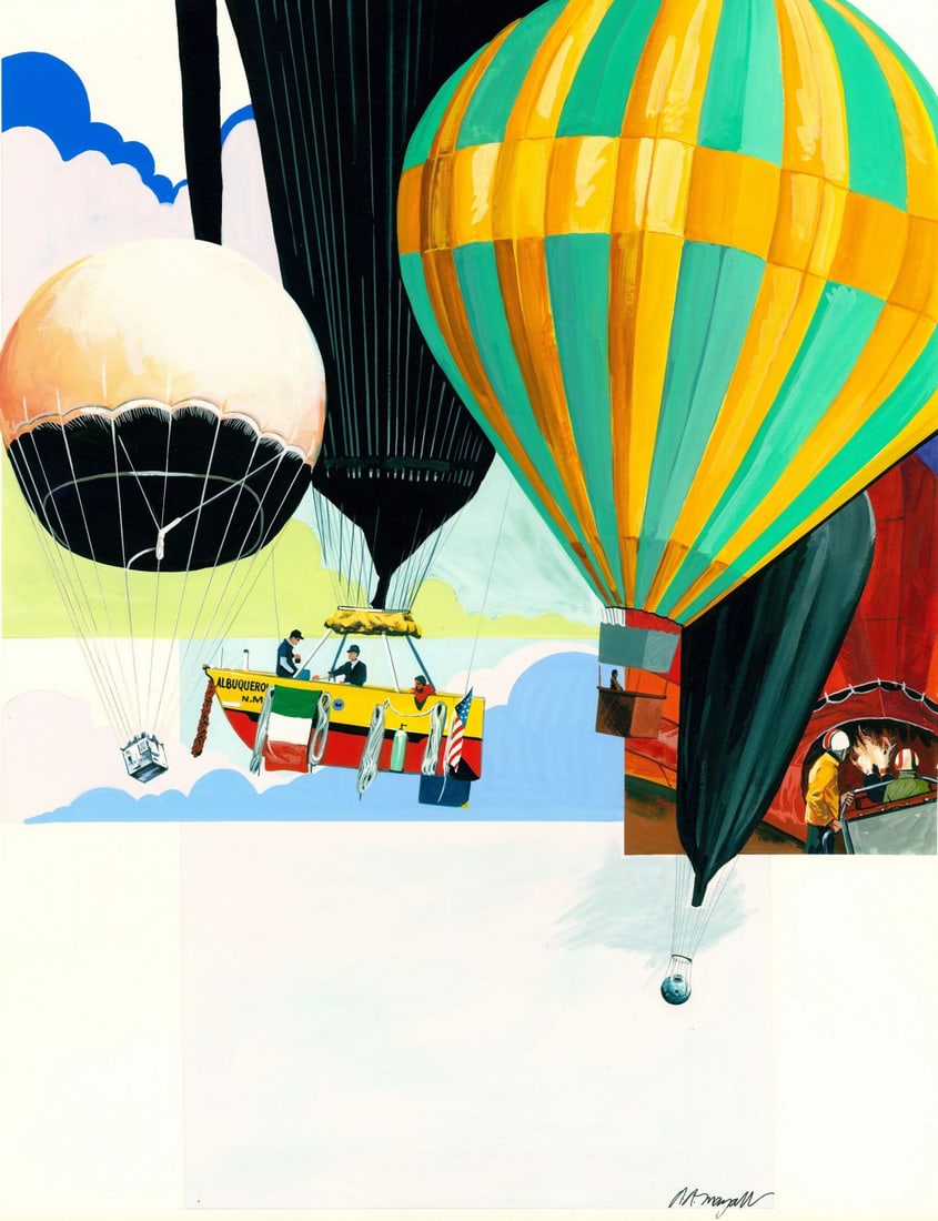 Darrell Mayabb (OH,CO,20/21C) gouache painting: ARTIST: Darrell Mayabb (Ohio, Colorado, 20/21 centuries) TITLE: Illustration - Hot Air Balloon 1 (titled on verso) YEAR: 1983 MEDIUM: gouache on board CONDITION:<