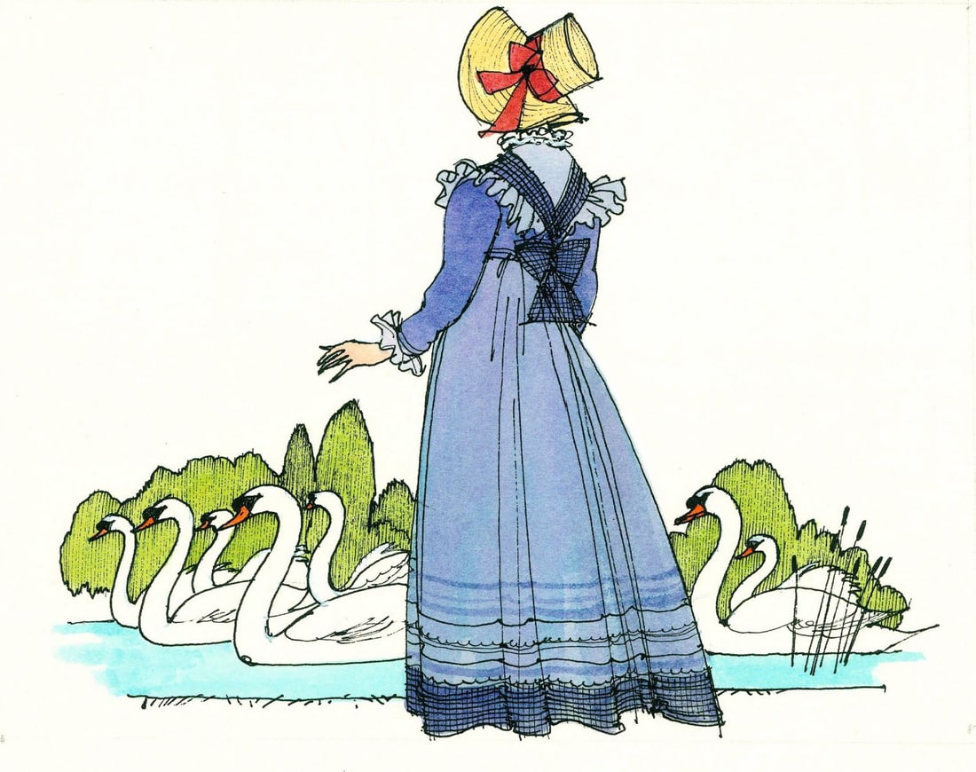 Eric Stemp (UK,1924-?) watercolor painting: ARTIST: Eric Stemp (United Kingdom, 1924 - ???) TITLE: Illustration - Twelve Days of Christmas Bells, Seven Swans (titled on verso) YEAR: 1980 MEDIUM: watercolor on board